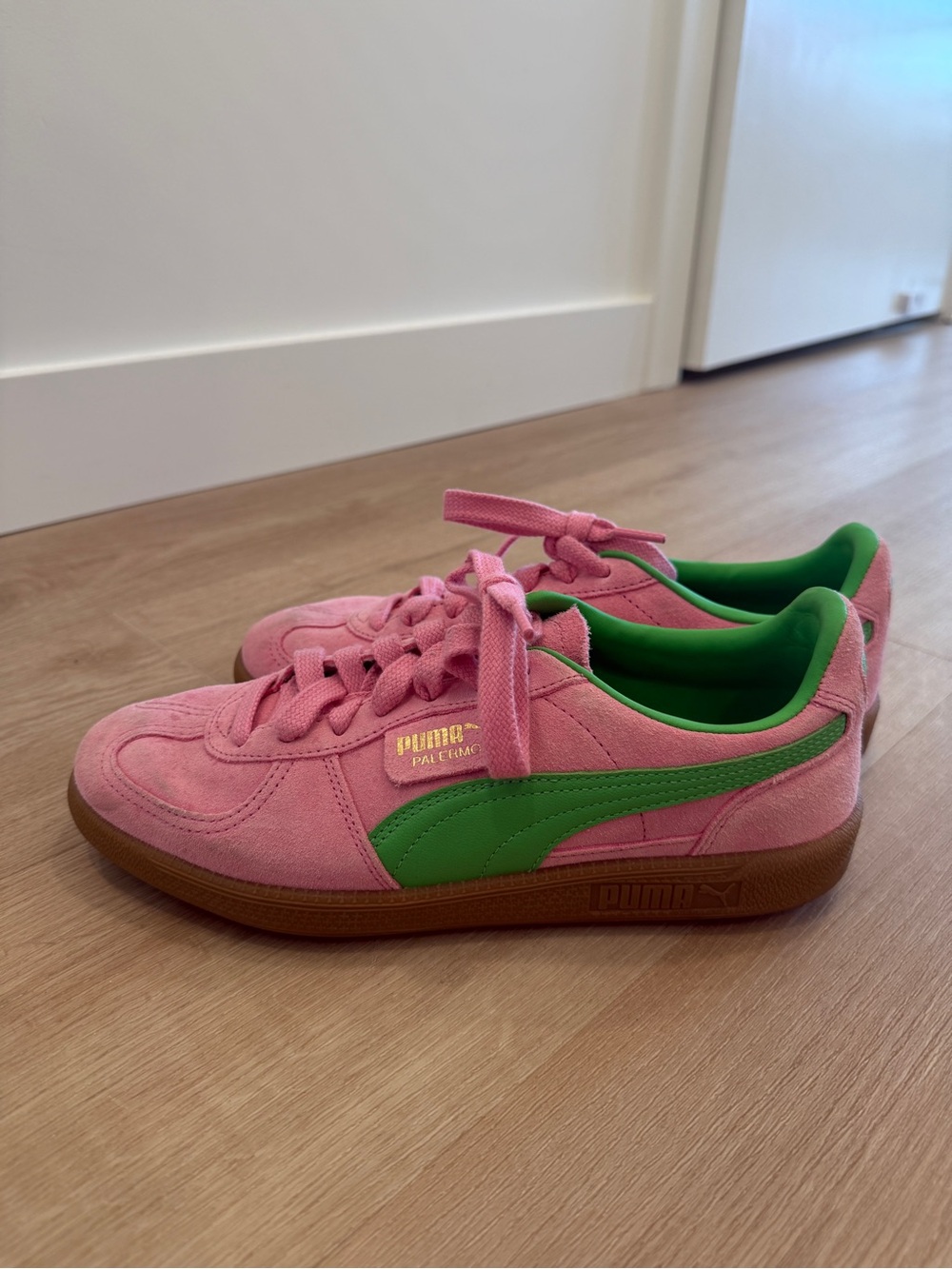 Puma Palermo- Pink Suede Sneakers with Green Stripe